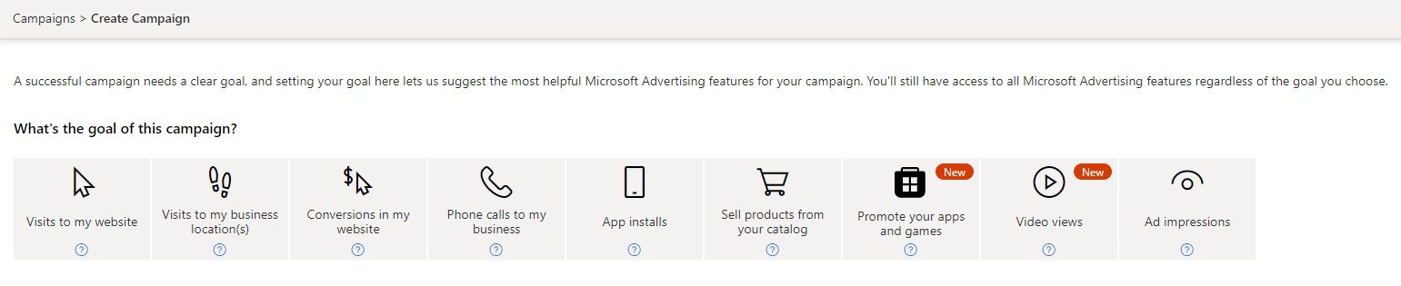 Campaign Goal Types in Microsoft Ads Interface